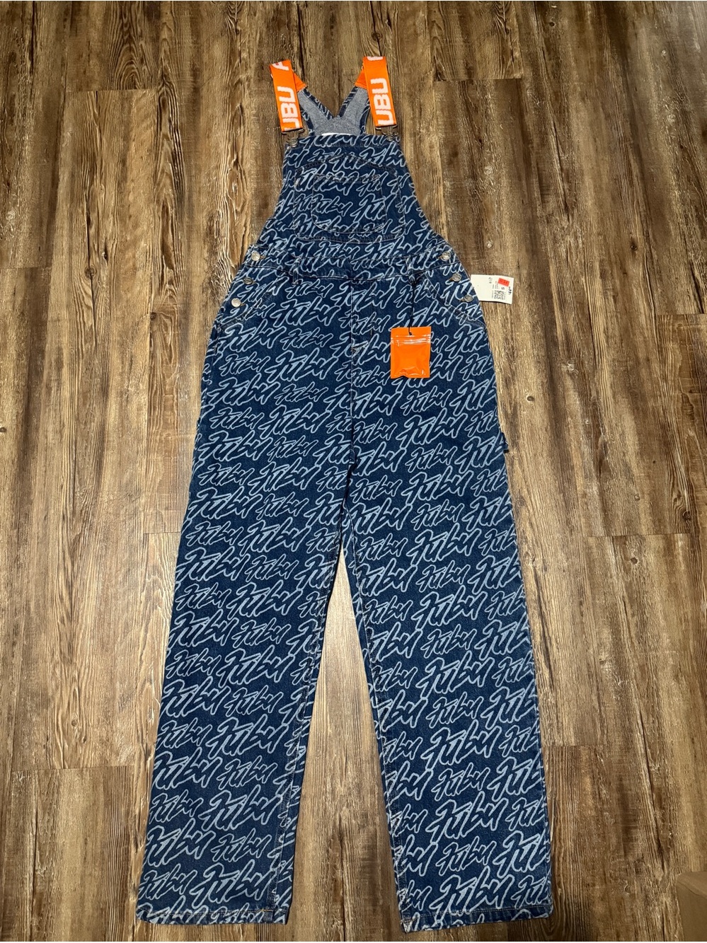 Fubu x Forever 21 Denim Overalls Women's Small All Over Script Print Bib NWT